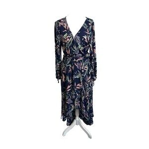 Fashion Leader Women's L Blue Floral Hi Lo Long Sleeve Maxi Dress V-neck Belt